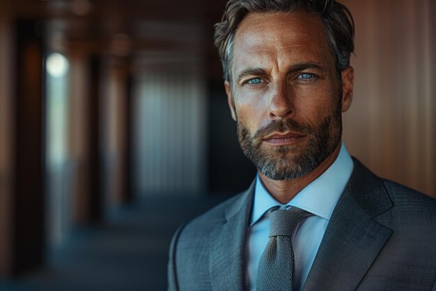 Confident Handsome Businessman with Blue Eyes Wearing Suit in Corporate Environment