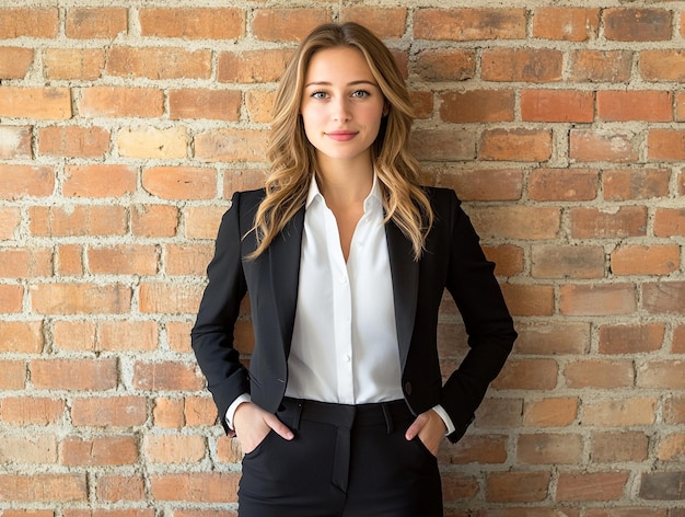 Photo confident and happy business women looking at camera on brick wall ai generated