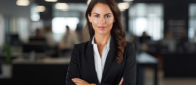 Confident happy businesswoman in office arms crossed looking at camera