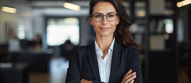 Confident happy businesswoman in office arms crossed looking at camera