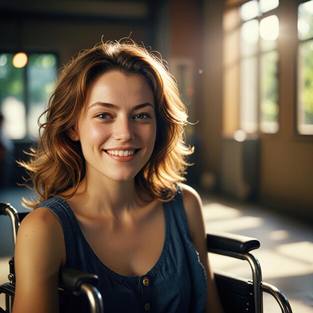 Photo confident happy handicapped young woman in wheelchair