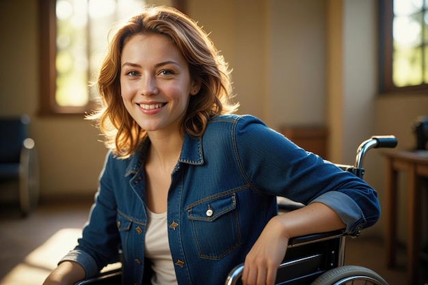 Photo confident happy handicapped young woman in wheelchair