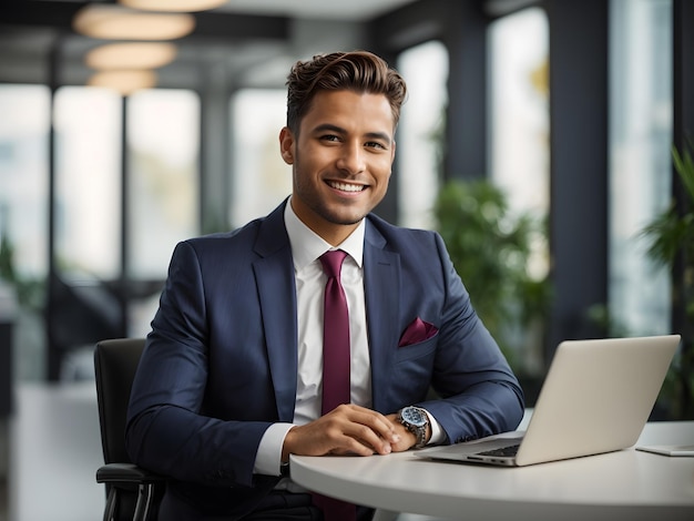 Confident happy young business man bank manager sitting at office work with laptop looking at camera