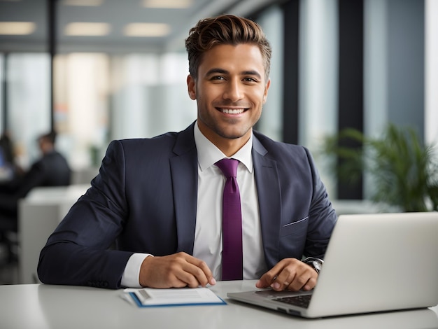 Confident happy young business man bank manager sitting at office work with laptop looking at camera