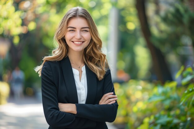 Confident and happy young female entrepreneur smiling outdoors on busy urban street