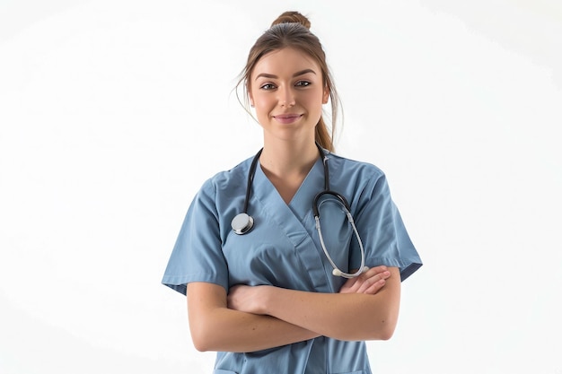 Photo a confident healthcare professional in scrubs stands with arms crossed displaying compassion and readiness to serve in a clinical environment