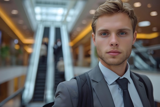 A confident Hispanic businessman stands with crossed arms in a modern office