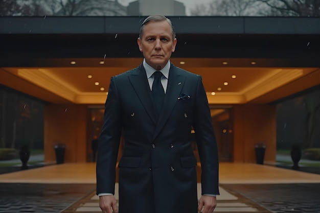 A confident Hispanic businessman stands with crossed arms in a modern office