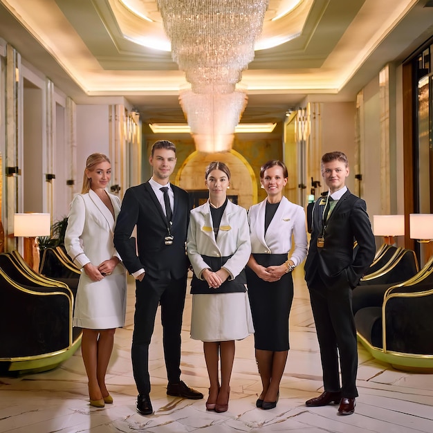 Photo confident hotel employees posing in a stylish minimalist interior reflecting professionalism and el