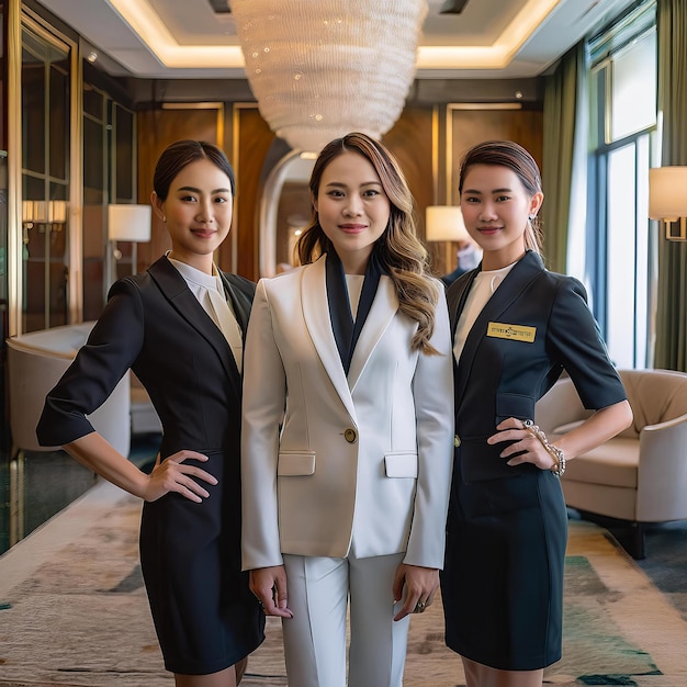 Photo confident hotel employees posing in a stylish minimalist interior reflecting professionalism and el