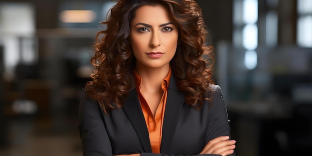 Confident Indian businesswoman leader in office arms crossed wearing a suit Concept Professional Portrait Business Attire Leadership Image Confident Pose Indian Woman Leader