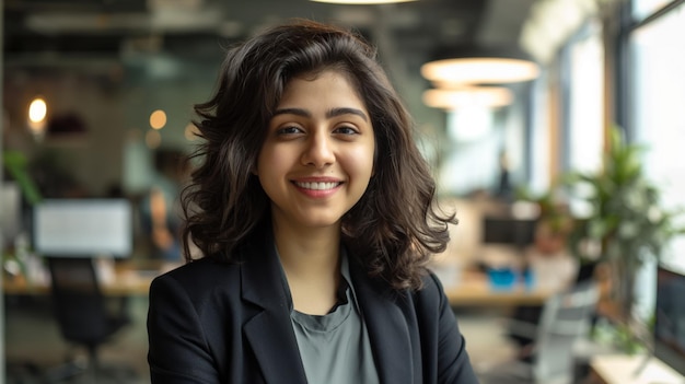 Confident indian businesswoman smiling in modern office professional portrait corporate environment