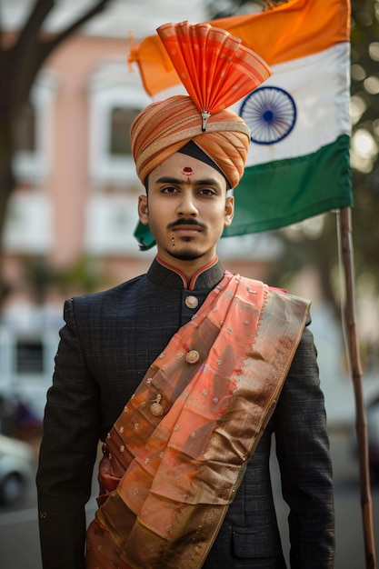 Photo confident indian politician in traditional attire proudly posing with the indian flag for a portrait