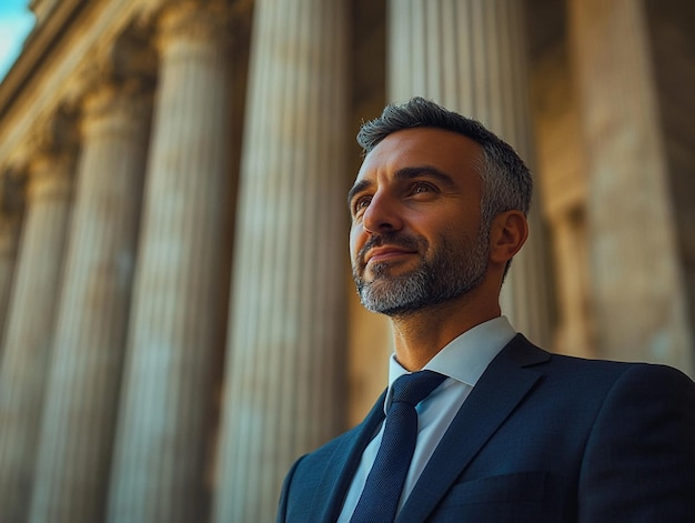 Confident Lawyer Standing Behind the Courthouse