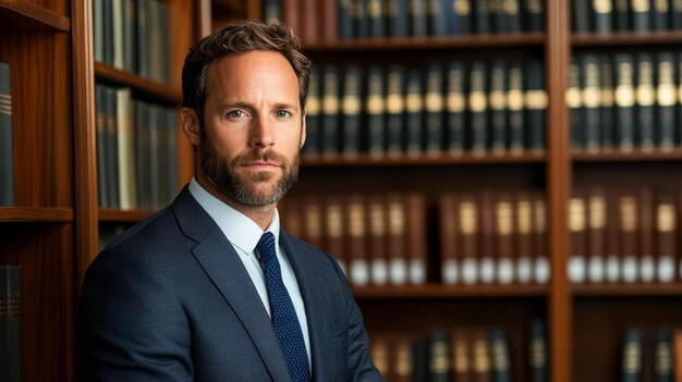 Photo confident lawyer standing in law library a confident lawyer stands in a law library symboliz