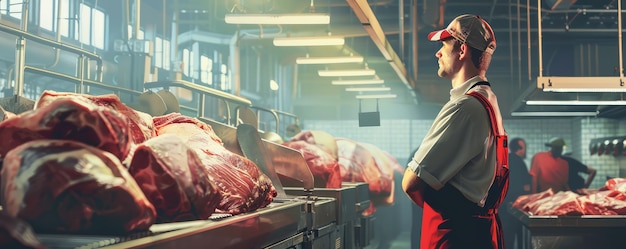 Confident male butcher standing with arms crossed in a meat shop surrounded by cuts of meat