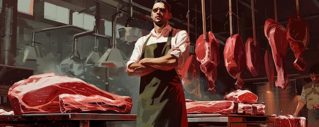 Confident male butcher standing with arms crossed in a meat shop surrounded by cuts of meat