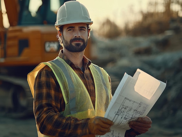 Photo confident male construction worker in safety gear holding blueprints and smiling