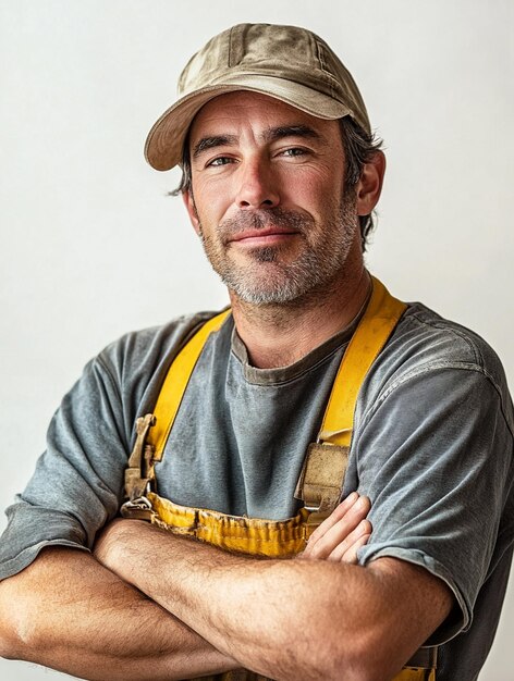 Photo confident male construction worker in safety gear portrait of skilled tradesman