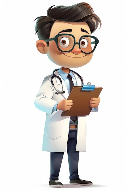 Photo confident male doctor cartoon character holding clipboard and pen in white lab coat