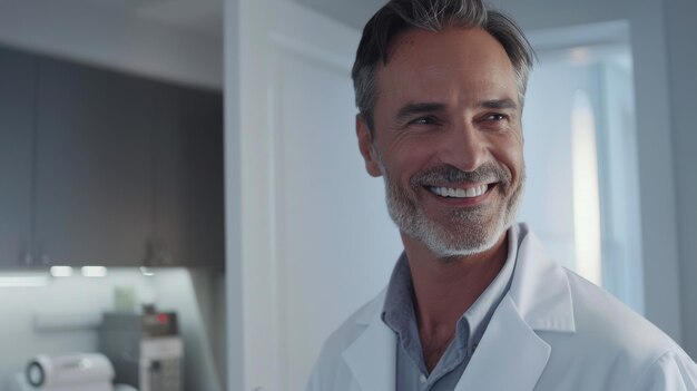 Confident male doctor with a comforting smile in a clinical setting