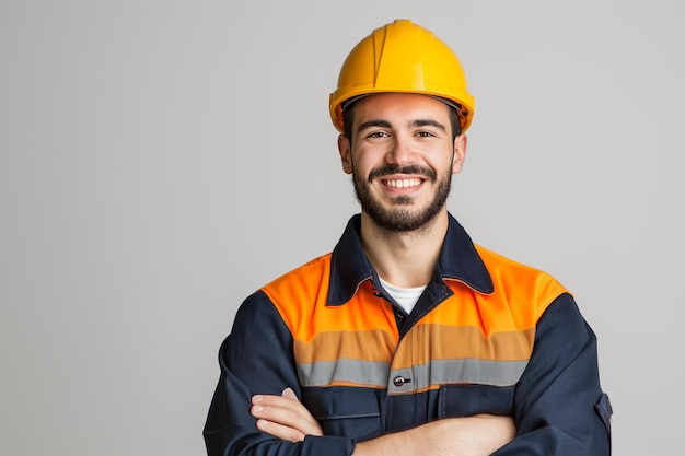 Confident male engineer worker happy smile on gray background