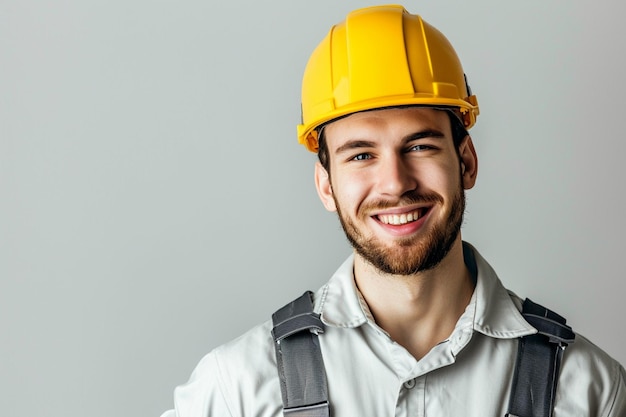 Confident male engineer worker happy smile on gray background