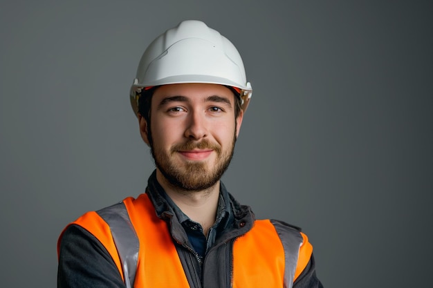 Confident male engineer worker happy smile on gray background