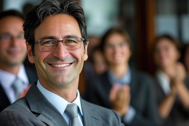 Photo confident male executive in formal attire with applauding colleagues