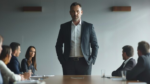 Confident male executive standing in front of team at boardroom