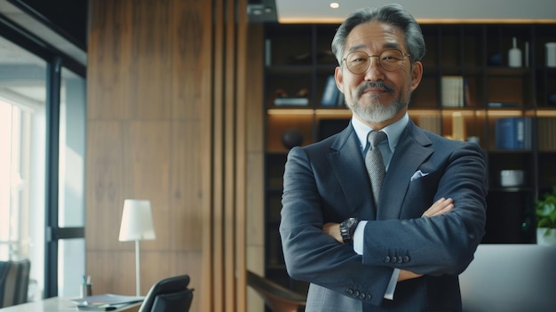 Confident male executive with arms crossed standing in modern office space