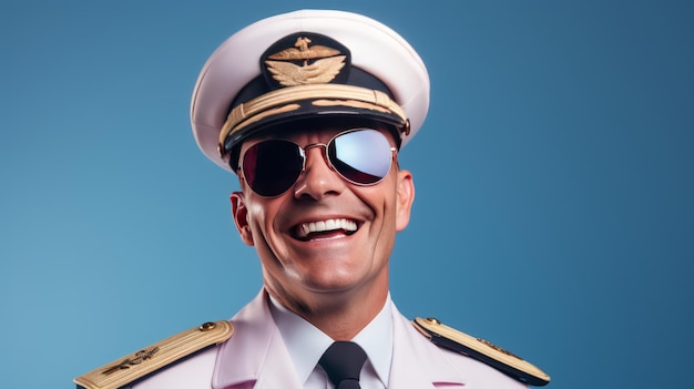 Confident male pilot in uniform and aviator sunglasses