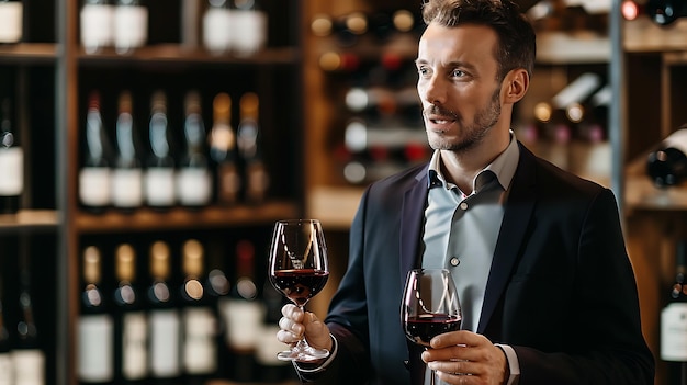 Photo confident male sommelier holding two glasses of red wine in a wine cellar