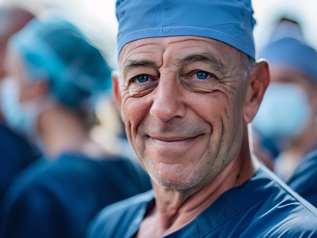 Confident male surgeon smiling in blue scrubs Healthcare professional portrait Friendly medical staff Realistic image style Generative AI