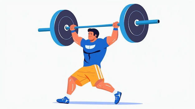 Confident male weightlifter in blue sportswear lifts heavy barbell above his head during intense workout in modern gym