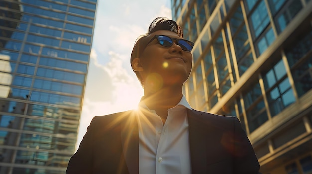 Photo a confident man in business attire smiling and looking up at the sky with skyscrapers behind him thi