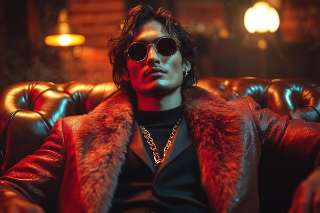 Confident Man in Fur Coat and Sunglasses Sitting on Leather Couch in Neon Light