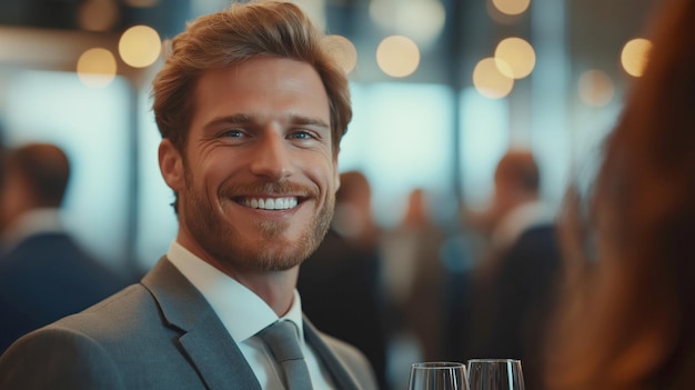 Photo confident man smiling at an elegant business event with a blurred background of people talking