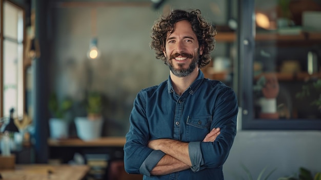 Photo confident man smiling in an office