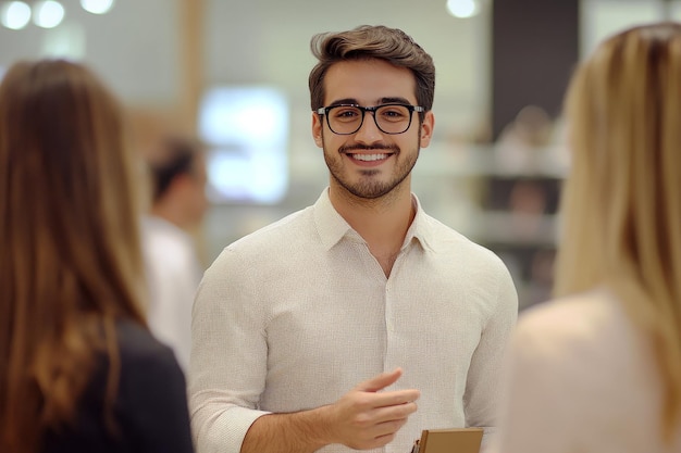 Photo confident man smiling at woman in a store a young man in a white shirt and glasses is smiling