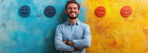 Photo confident man standing between positive and negative emojis representing selfmanagement