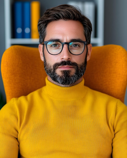 Confident man in a stylish yellow turtleneck chair portrait