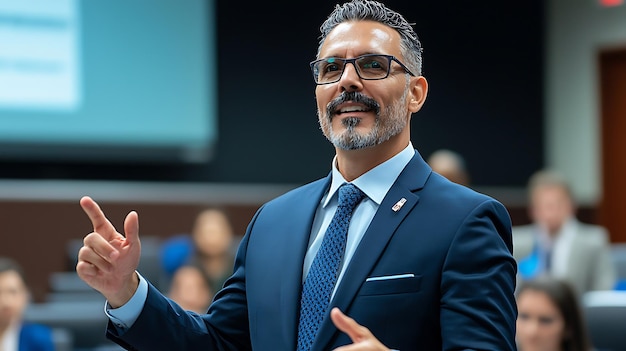 A confident man in a suit presents to an engaged audience in a modern conference setting