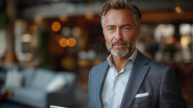 Photo confident man in a suit with a blurred background