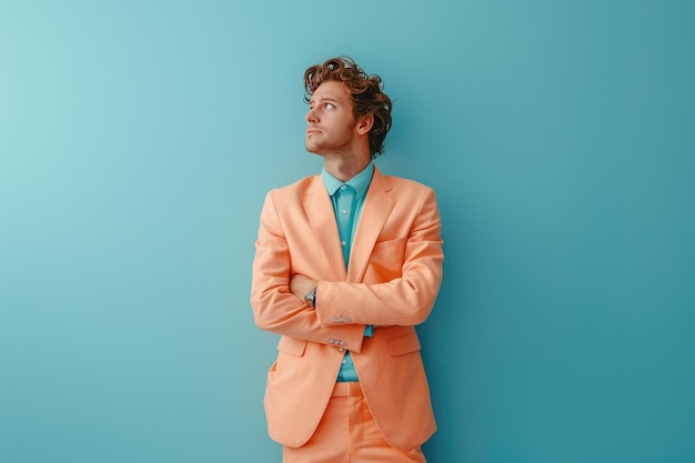 Photo confident man in vibrant orange suit against blue background looking up