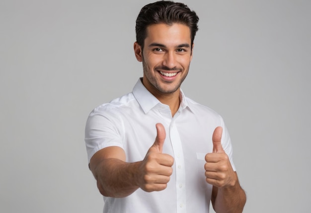 A confident man in a white shirt giving two thumbs up portraying assurance and positivity