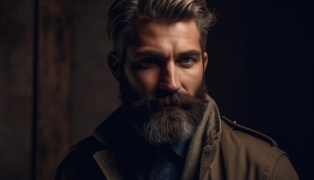 Confident man with beard and leather jacket generated by AI