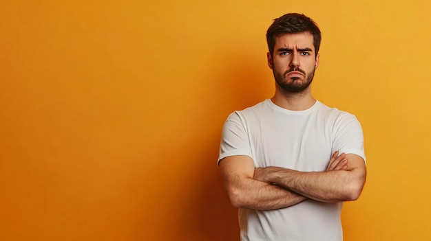 Photo confident man with crossed arms on vibrant orange background