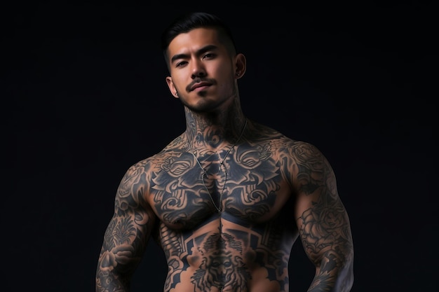 Confident man with muscular body tattooed on black background