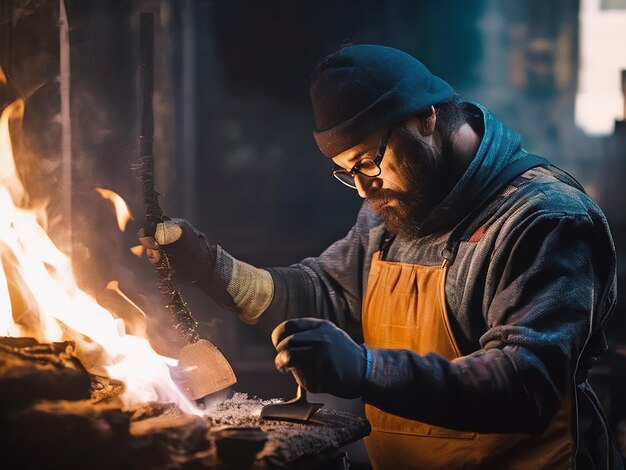 A confident man working with fire skillfully crafting metal